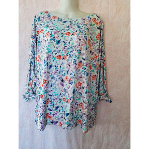 The Limited Floral Size 1X Multi-color slit sleeve stretch cottage core blouse